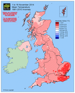 Map shows the UK mean temperature for 1-16 November compared to the whole month average.
